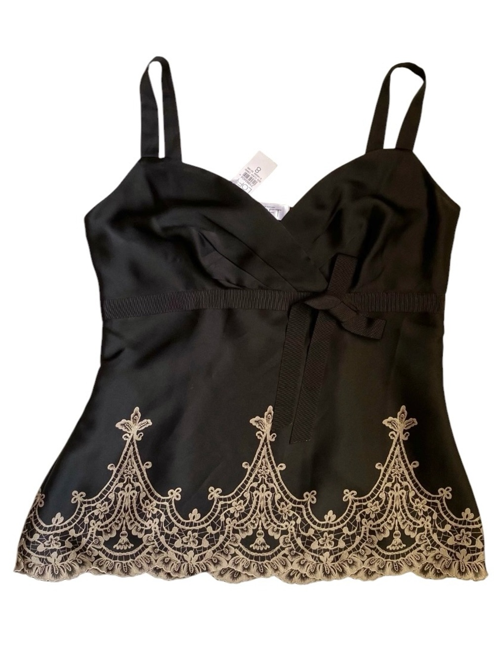 NWT Ann Taylor LOFT Black & Tan Camisole Top with Lace & Bow Detailing Size 8